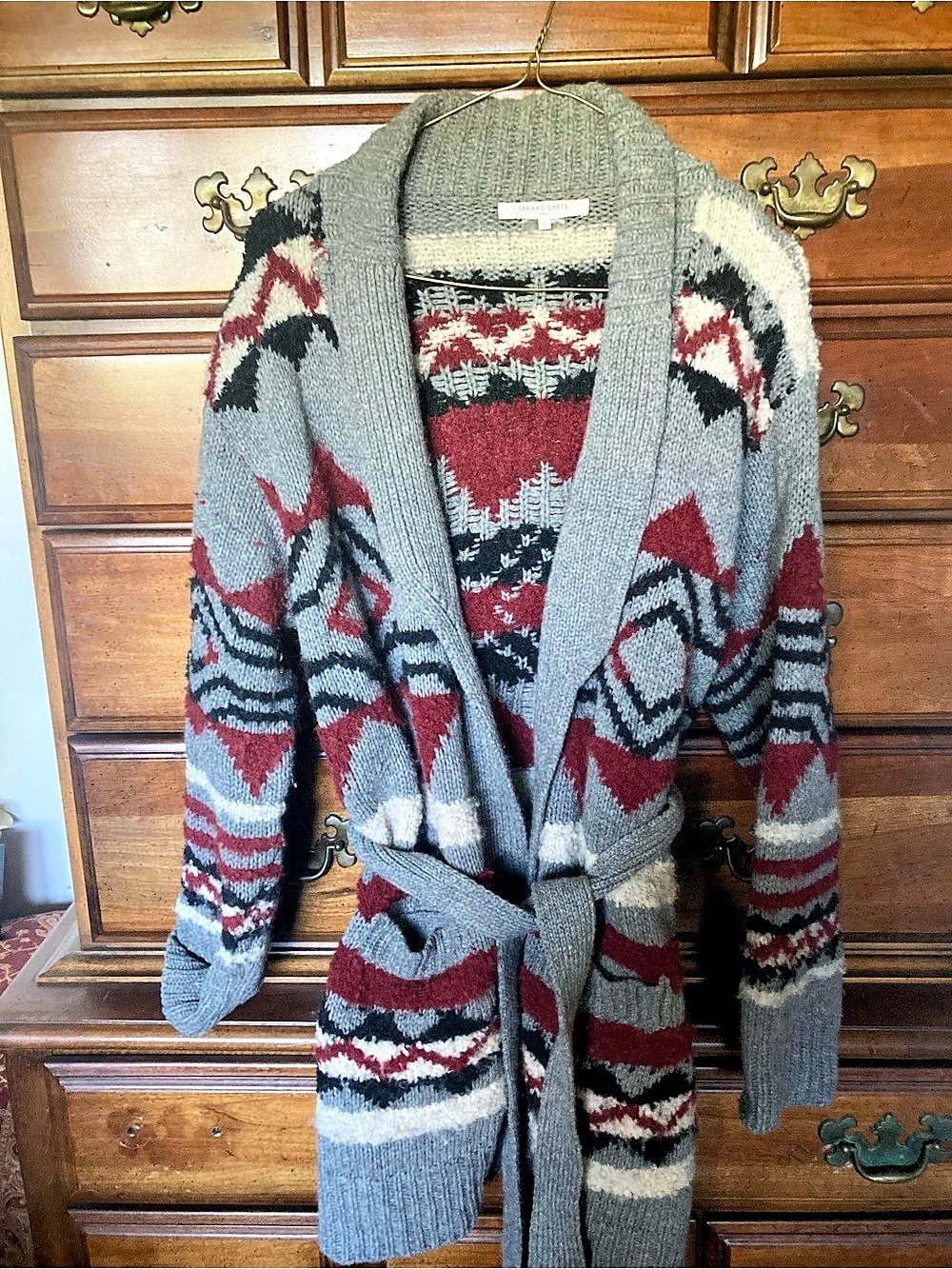 Gerard Darel Women's Geometric Belted Cardigan Gray Size 2